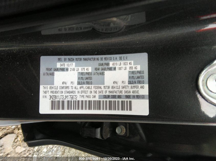 2018 Mazda Mazda3 4-Door Sport VIN: 3MZBN1U72JM179872 Lot: 37878081