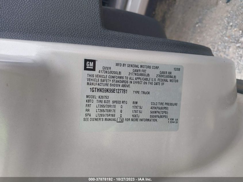 2009 GMC Sierra 2500Hd Sle VIN: 1GTHK59K99E127781 Lot: 37878192