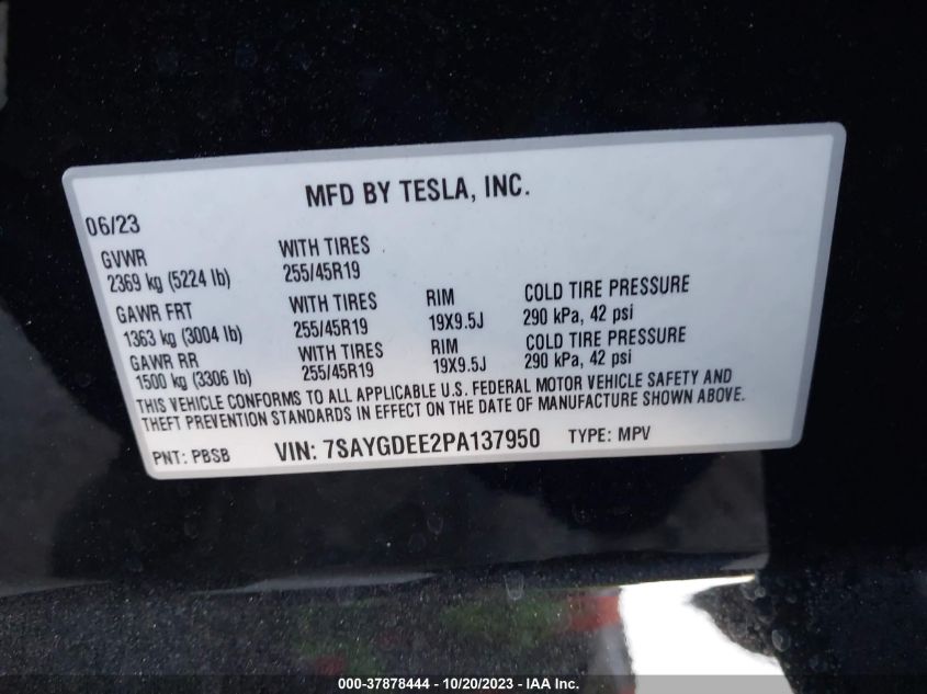 2023 Tesla Model Y Long Range VIN: 7SAYGDEE2PA137950 Lot: 37878444