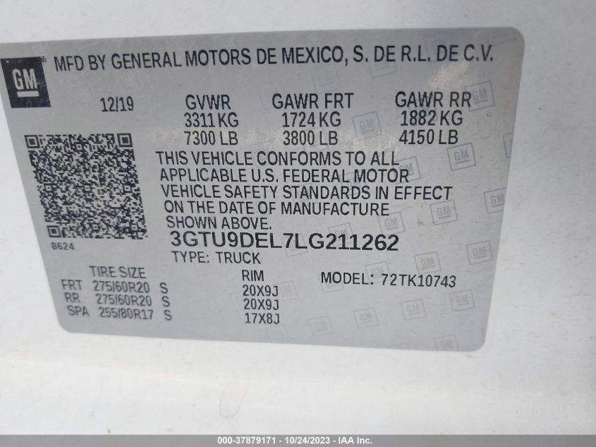 2020 GMC Sierra 1500 4Wd Standard Box Slt VIN: 3GTU9DEL7LG211262 Lot: 37879171