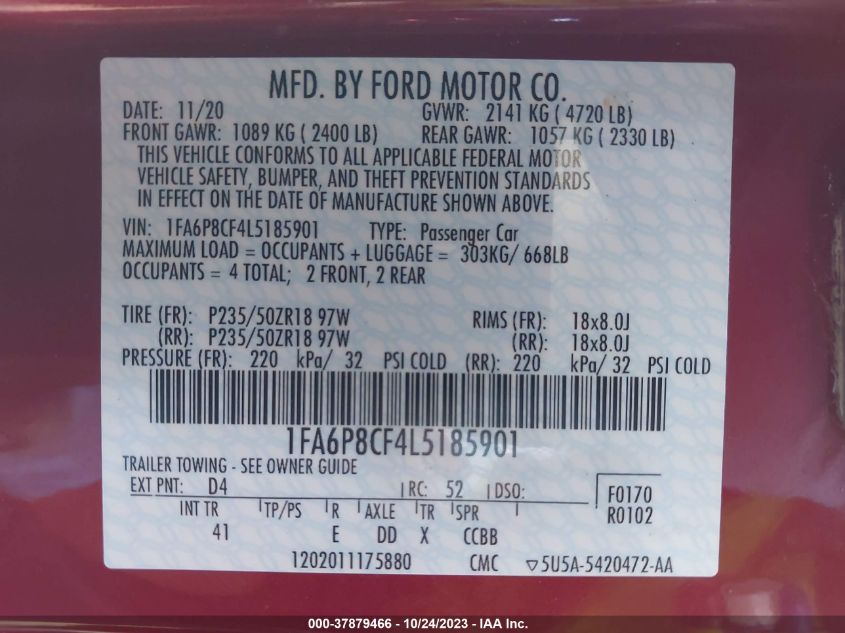 2020 Ford Mustang Gt VIN: 1FA6P8CF4L5185901 Lot: 37879466