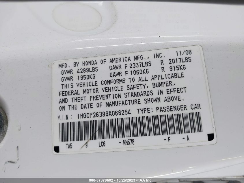 2009 Honda Accord Sdn Lx VIN: 1HGCP26399A066254 Lot: 37879602