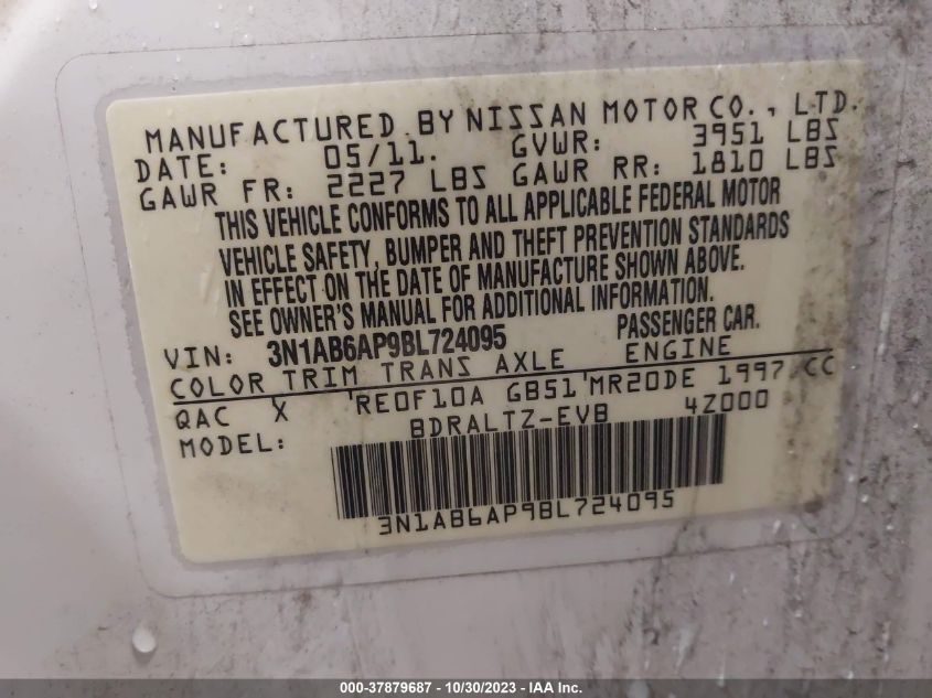 2011 Nissan Sentra 2.0 Sr VIN: 3N1AB6AP9BL724095 Lot: 37879687