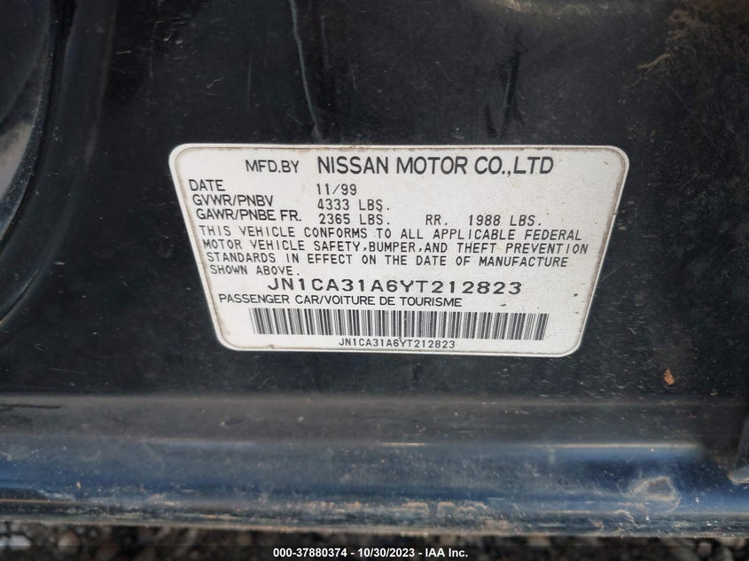 2000 Nissan Maxima Gxe/Se/Gle VIN: JN1CA31A6YT212823 Lot: 37880374