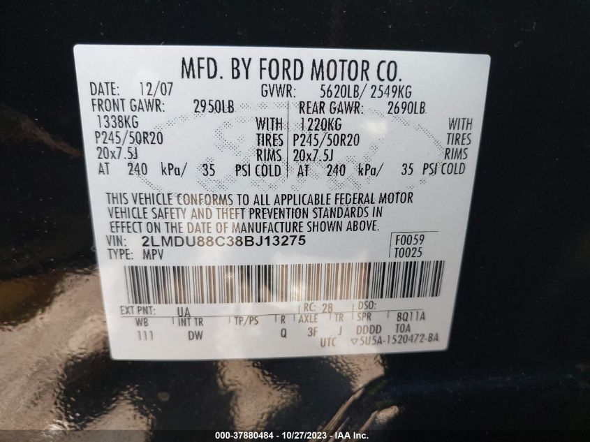 2008 Lincoln Mkx VIN: 2LMDU88C38BJ13275 Lot: 37880484