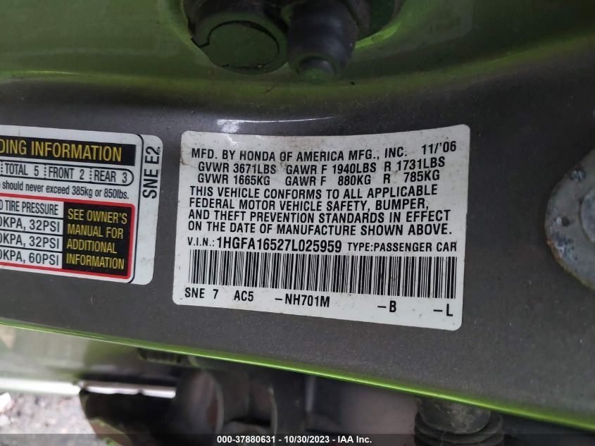 2007 Honda Civic Sdn Lx VIN: 1HGFA16527L025959 Lot: 37880631