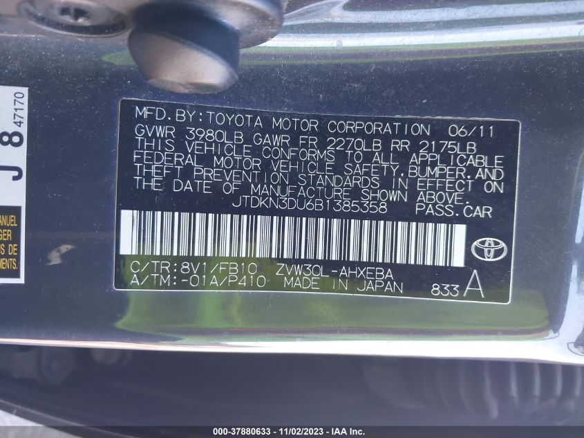 2011 Toyota Prius I/Ii/Iii/Iv/V VIN: JTDKN3DU6B1385358 Lot: 37880633