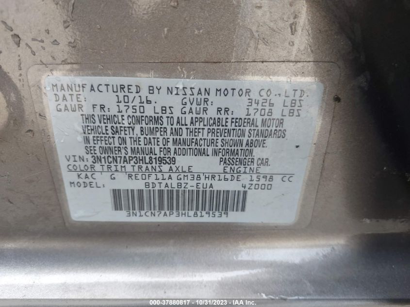 2017 Nissan Versa Sedan Sv VIN: 3N1CN7AP3HL819539 Lot: 37880817