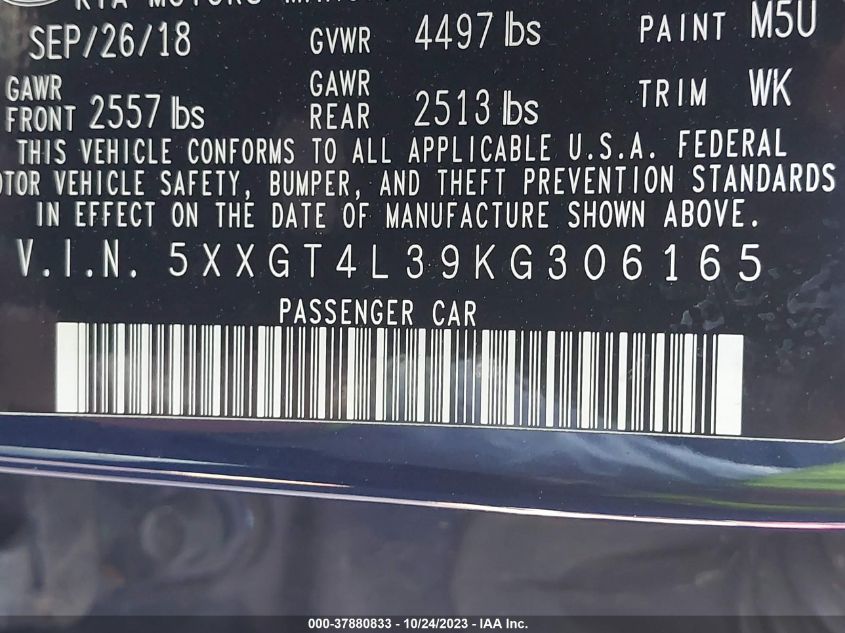 5XXGT4L39KG306165 2019 Kia Optima S