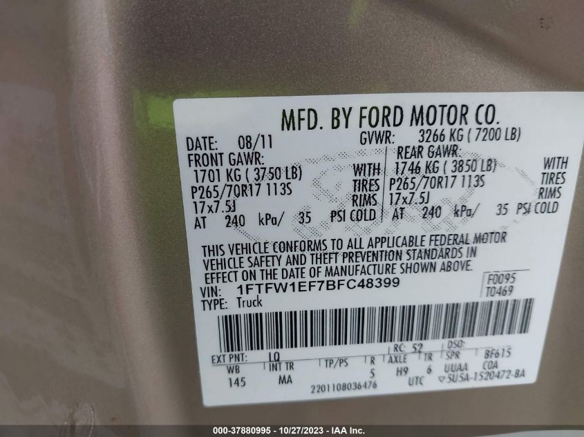 2011 Ford F-150 Xl/Xlt/Fx4/Lariat VIN: 1FTFW1EF7BFC48399 Lot: 37880995