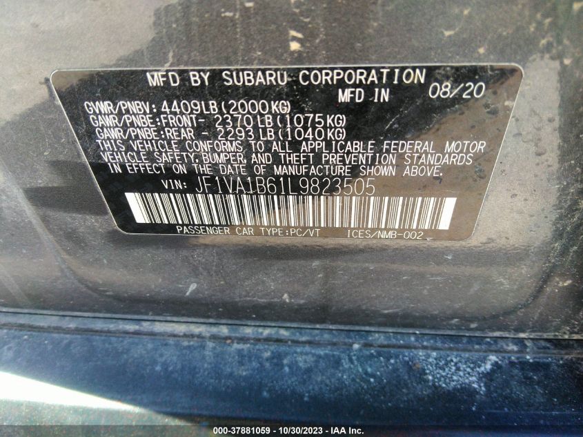 2020 Subaru Wrx Premium VIN: JF1VA1B61L9823505 Lot: 37881059