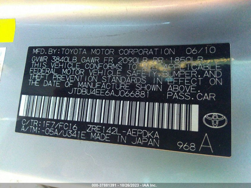 2010 Toyota Corolla VIN: JTDBU4EE6AJ066881 Lot: 37881391