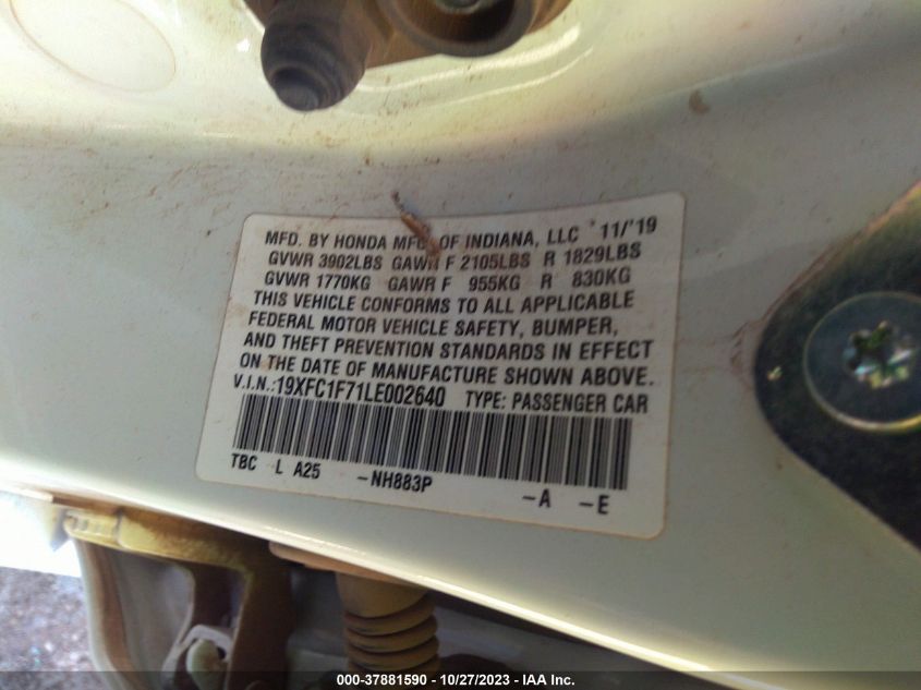 2020 Honda Civic Sedan Ex-L VIN: 19XFC1F71LE002640 Lot: 37881590