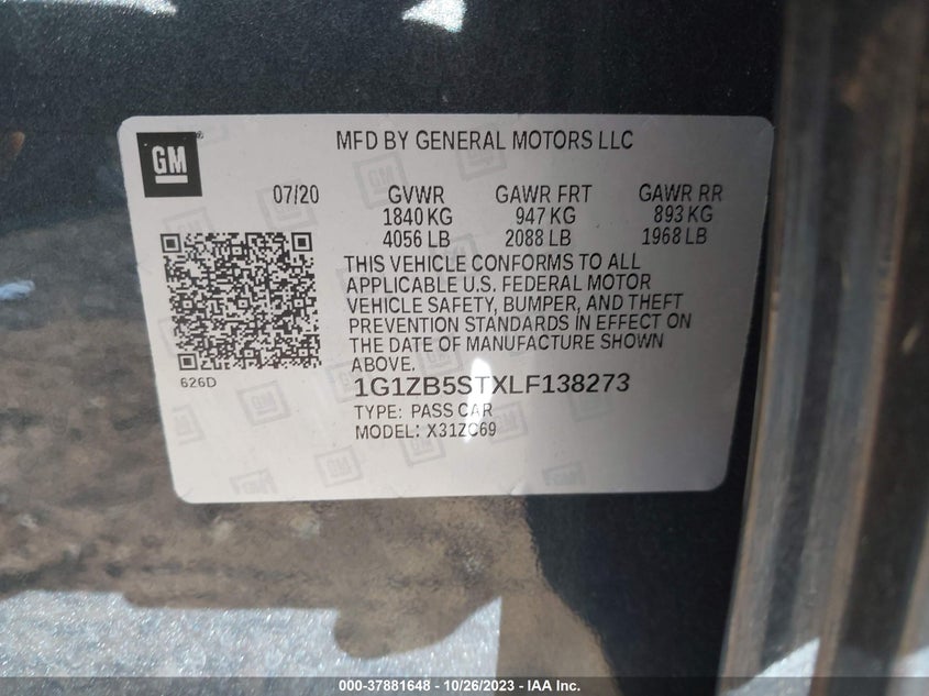 2020 Chevrolet Malibu Ls VIN: 1G1ZB5STXLF138273 Lot: 37881648