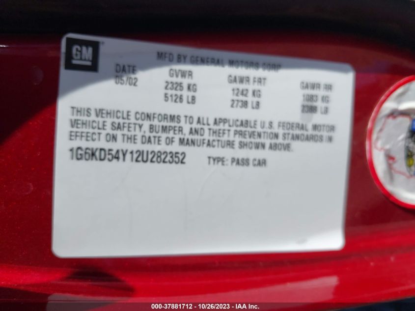 2002 Cadillac Deville VIN: 1G6KD54Y12U282352 Lot: 37881712