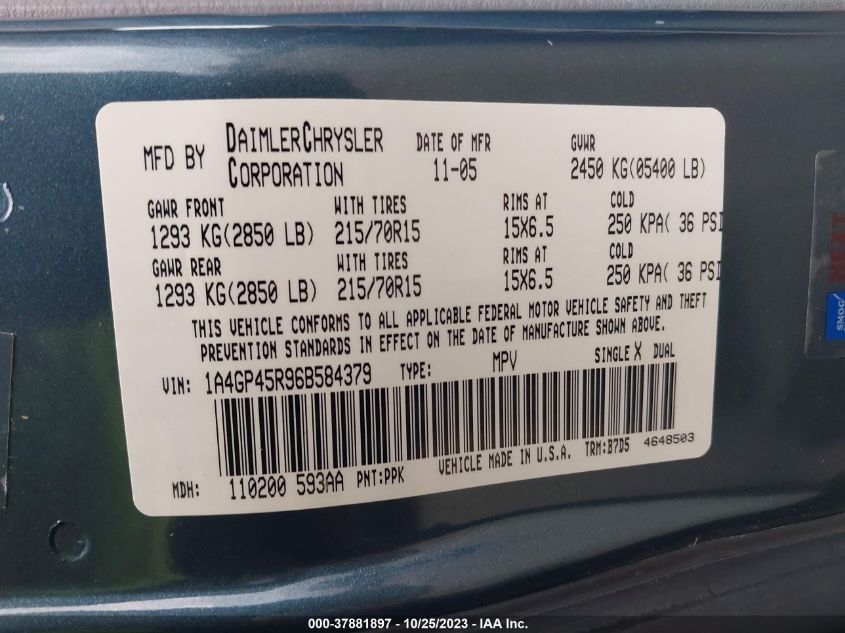 2006 Chrysler Town & Country Swb VIN: 1A4GP45R96B584379 Lot: 37881897