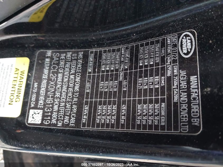 2022 Land Rover Discovery Sport Se R-Dynamic VIN: SALCL2FX0NH913119 Lot: 37882097