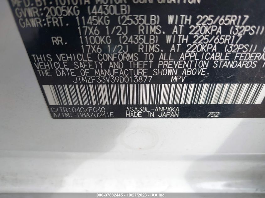 2009 Toyota Rav4 VIN: JTMZF33V39D013877 Lot: 37882445