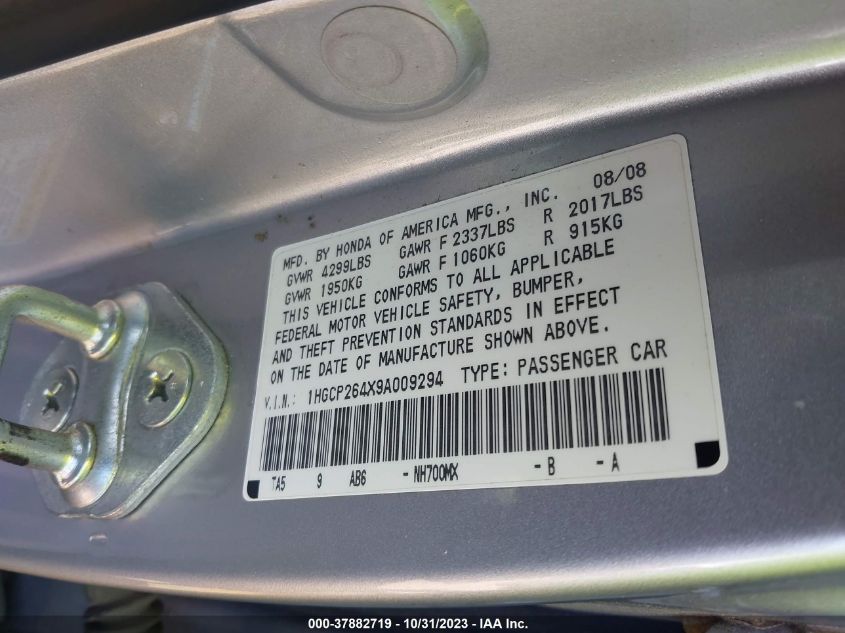 2009 Honda Accord Sdn Lx-P VIN: 1HGCP264X9A009294 Lot: 37882719