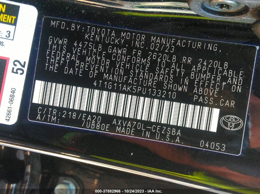 4T1G11AK5PU133210 2023 Toyota Camry Se/Se Nightshade