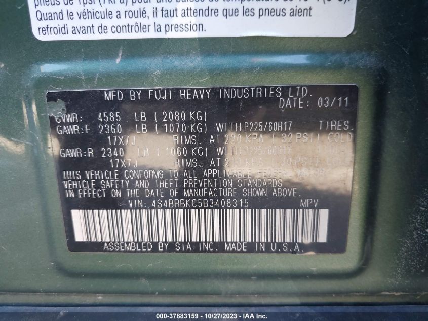 2011 Subaru Outback 2.5I Limited Pwr Moon VIN: 4S4BRBKC5B3408315 Lot: 37883159