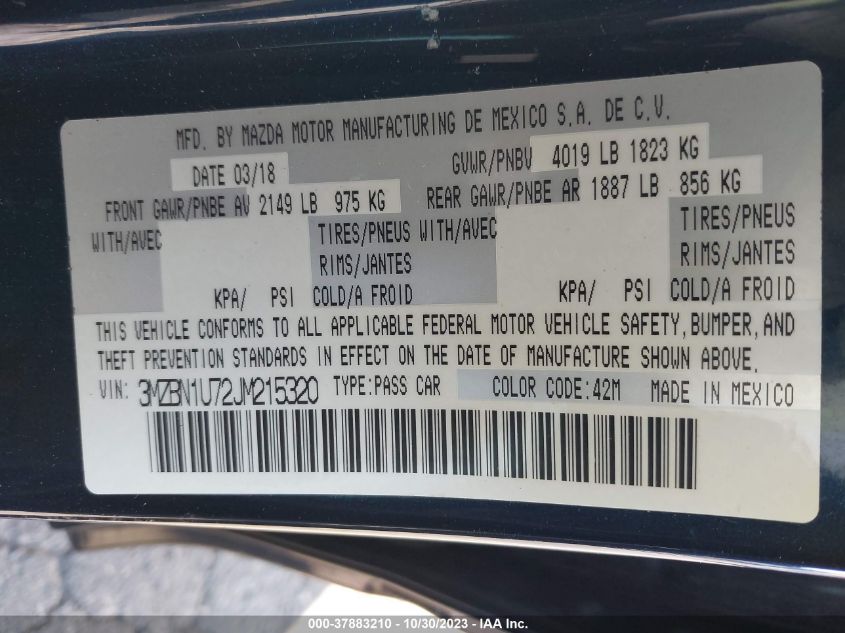 2018 Mazda Mazda3 4-Door Sport VIN: 3MZBN1U72JM215320 Lot: 37883210