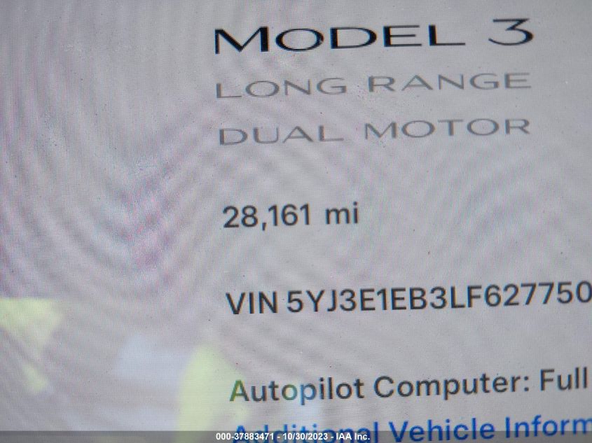 2020 Tesla Model 3 VIN: 5YJ3E1EB3LF627750 Lot: 37883471