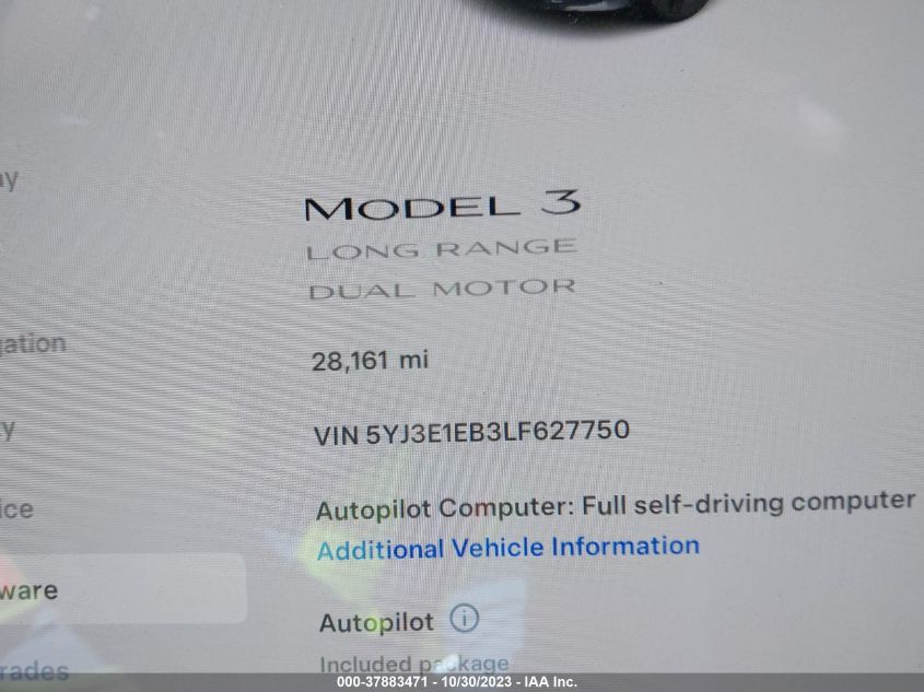 2020 Tesla Model 3 VIN: 5YJ3E1EB3LF627750 Lot: 37883471