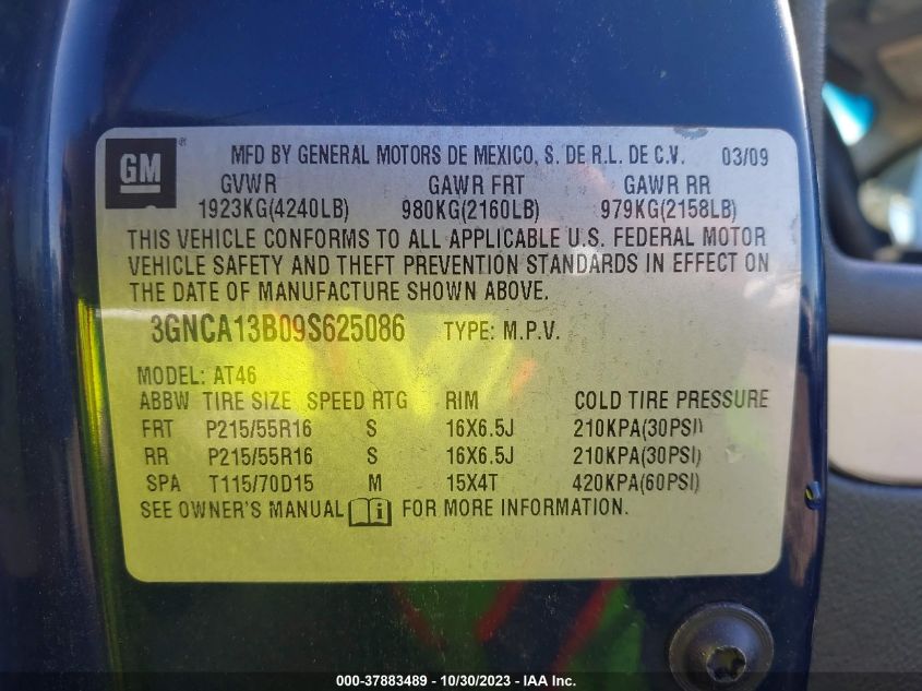 2009 Chevrolet Hhr Ls VIN: 3GNCA13B09S625086 Lot: 37883489