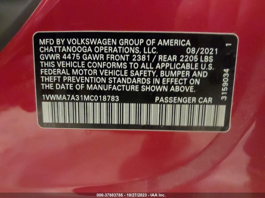 2021 Volkswagen Passat 2.0T R-Line VIN: 1VWMA7A31MC018783 Lot: 37883785