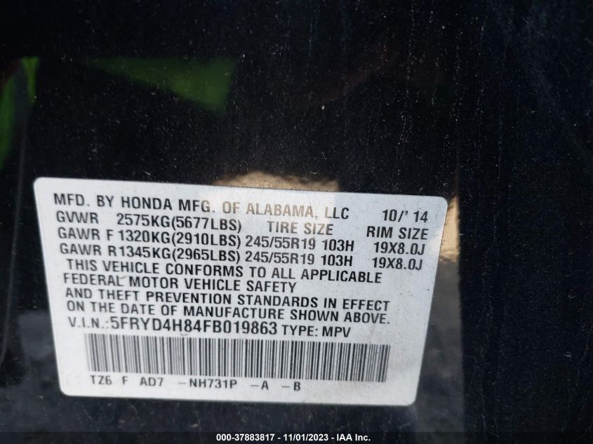 2015 Acura Mdx Advance/Entertainment Pkg VIN: 5FRYD4H84FB019863 Lot: 37883817