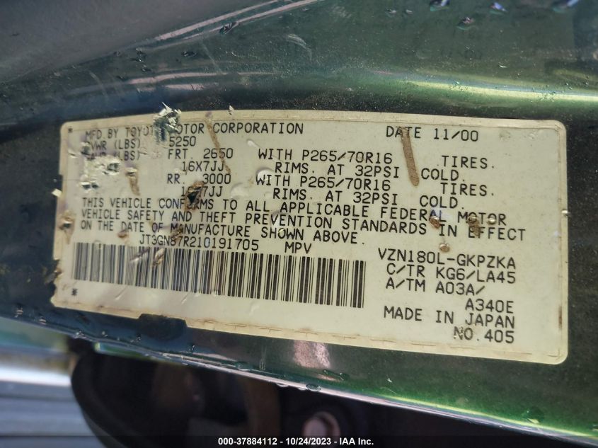 2001 Toyota 4Runner Limited VIN: JT3GN87R210191705 Lot: 37884112