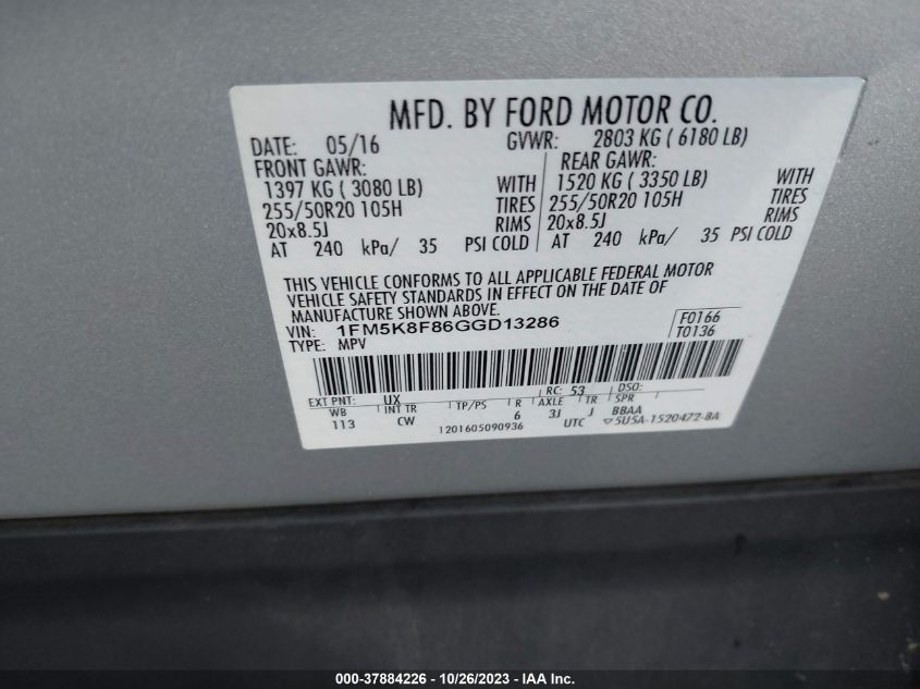 2016 Ford Explorer Limited VIN: 1FM5K8F86GGD13286 Lot: 37884226