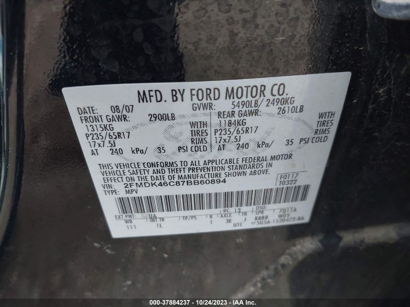 2007 Ford Edge Se VIN: 2FMDK46C87BB60894 Lot: 37884237