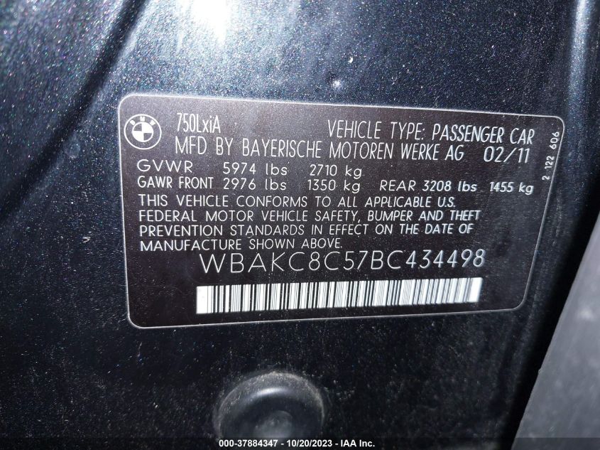 2011 BMW 750Li xDrive VIN: WBAKC8C57BC434498 Lot: 41852325