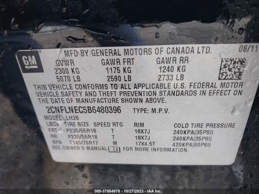 2011 Chevrolet Equinox Lt W/2Lt VIN: 2CNFLNEC5B6480396 Lot: 37884578