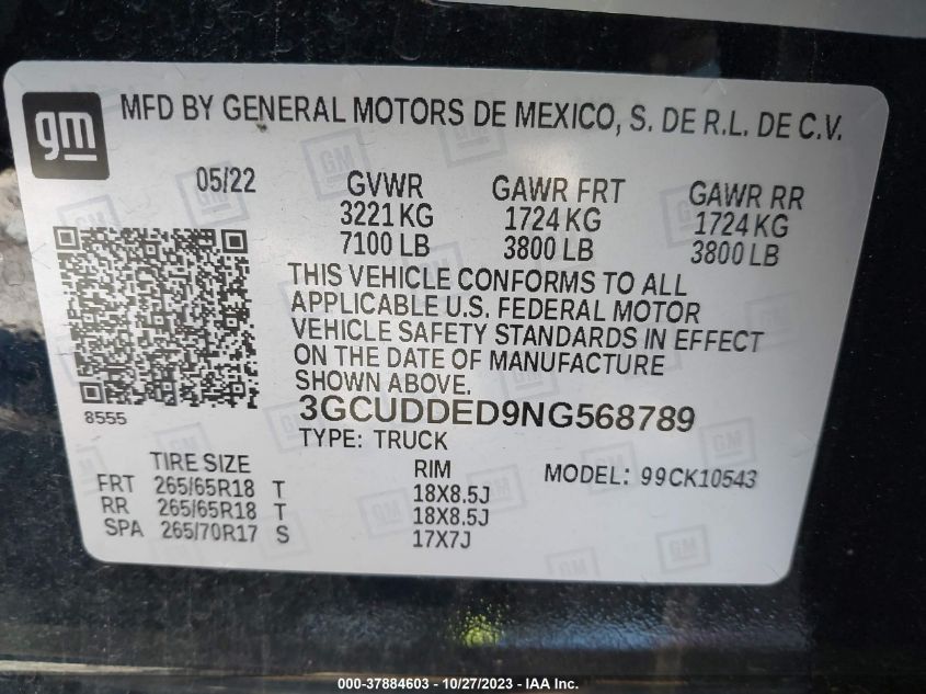 2022 Chevrolet Silverado 1500 4Wd Standard Bed Lt VIN: 3GCUDDED9NG568789 Lot: 37884603