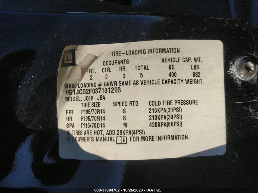 2003 Chevrolet Cavalier VIN: 1G1JC52F037131203 Lot: 37884782