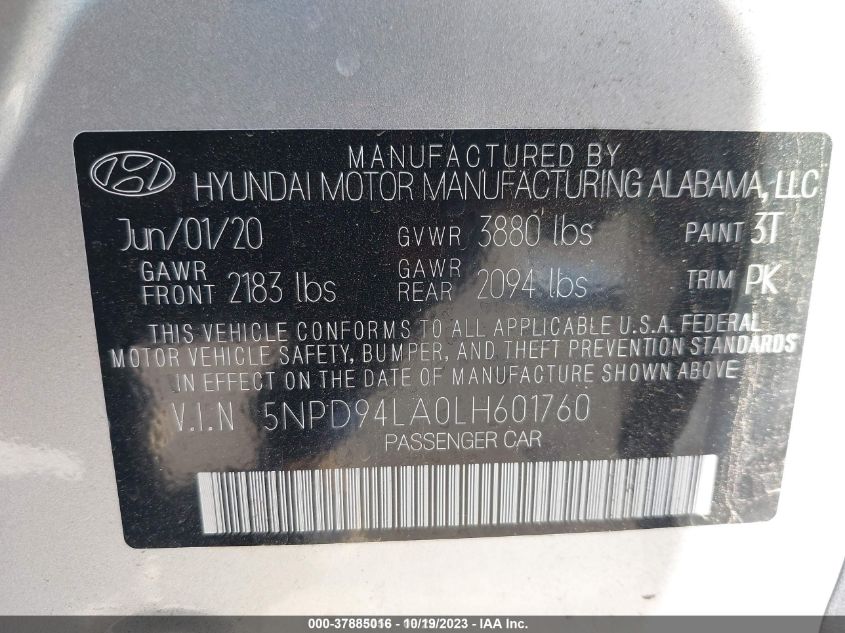 2020 Hyundai Elantra Eco VIN: 5NPD94LA0LH601760 Lot: 37885016