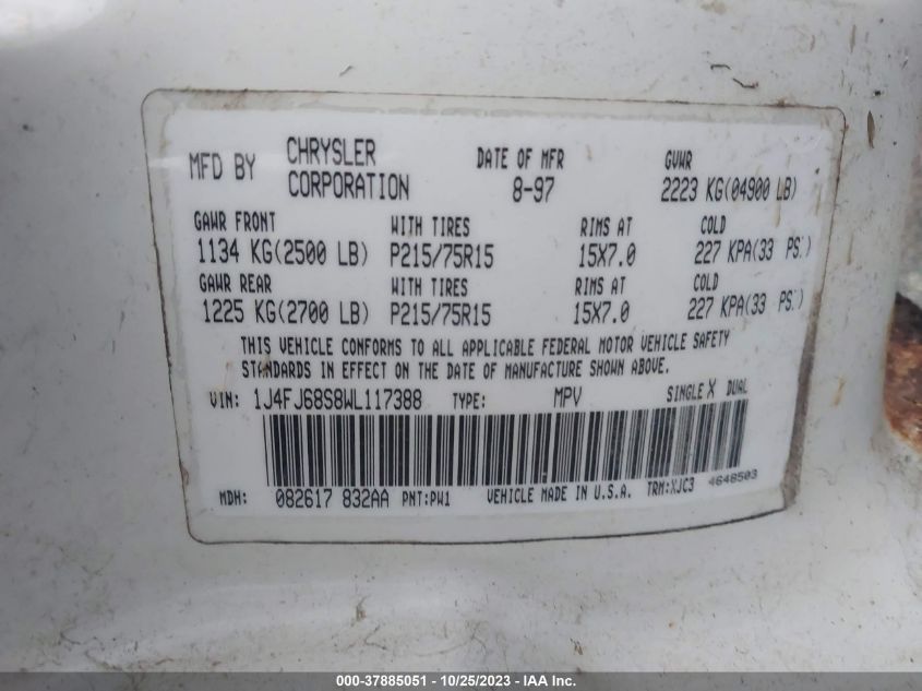 1998 Jeep Cherokee Sport/Classic/Limited VIN: 1J4FJ68S8WL117388 Lot: 37885051