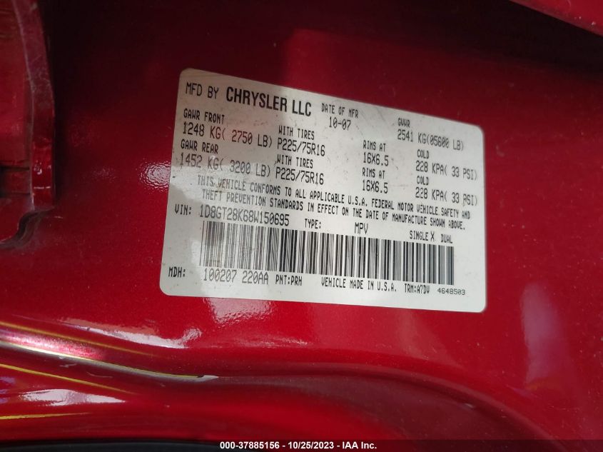 2008 Dodge Nitro Sxt VIN: 1D8GT28K68W150695 Lot: 37885156