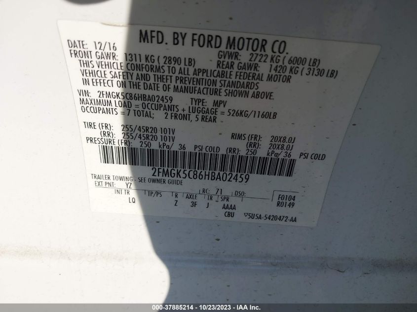 2FMGK5C86HBA02459 2017 Ford Flex Sel