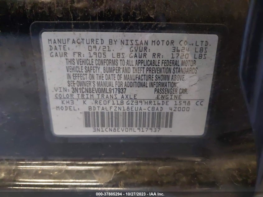 2021 Nissan Versa Sv VIN: 3N1CN8EV0ML917937 Lot: 37885294