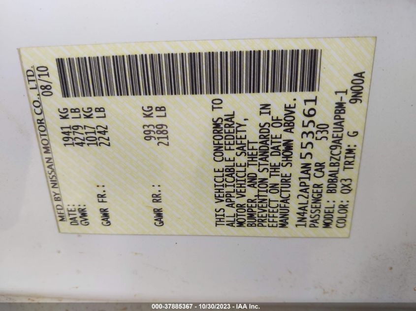 2010 Nissan Altima 2.5 Sl VIN: 1N4AL2AP1AN553561 Lot: 37885367