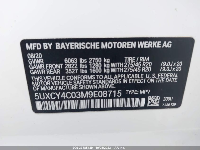 VIN 5UXCY4C03M9E08715 2021 BMW X6, Sdrive40I no.9