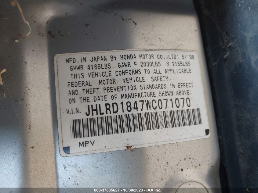 1998 Honda Cr-V Lx VIN: JHLRD1847WC071070 Lot: 37885627
