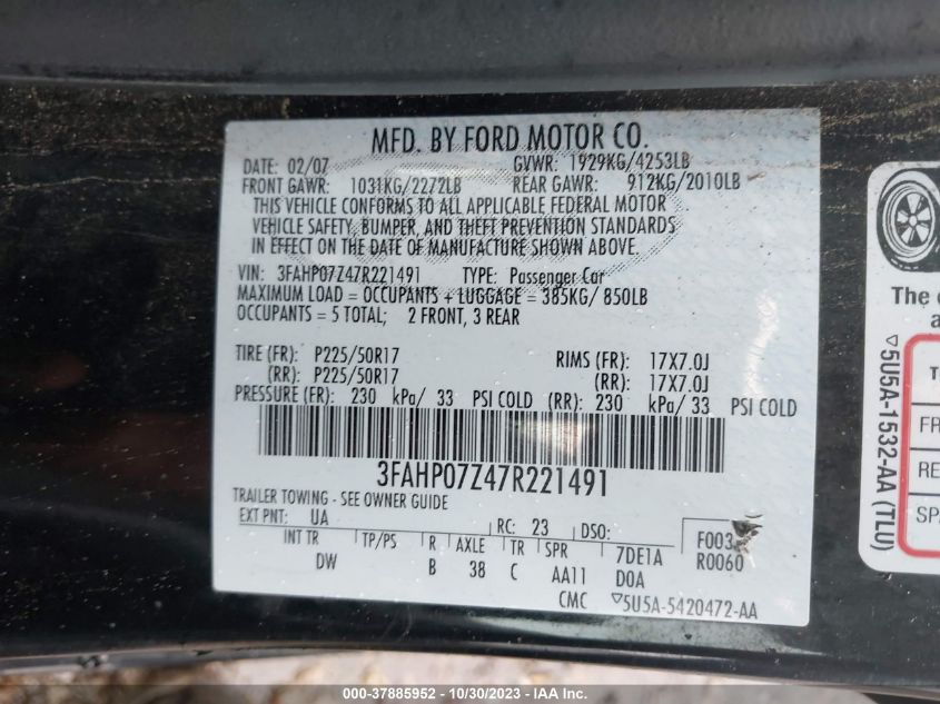 2007 Ford Fusion Se VIN: 3FAHP07Z47R221491 Lot: 37885952