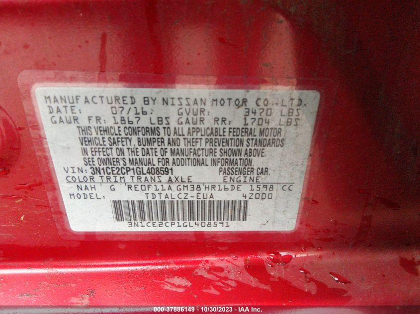 2016 Nissan Versa Note S/S Plus/Sv/Sr/Sl VIN: 3N1CE2CP1GL408591 Lot: 37886149