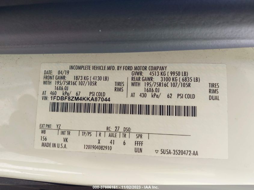 2019 Ford Transit Chassis VIN: 1FDBF8ZM4KKA87044 Lot: 37886161