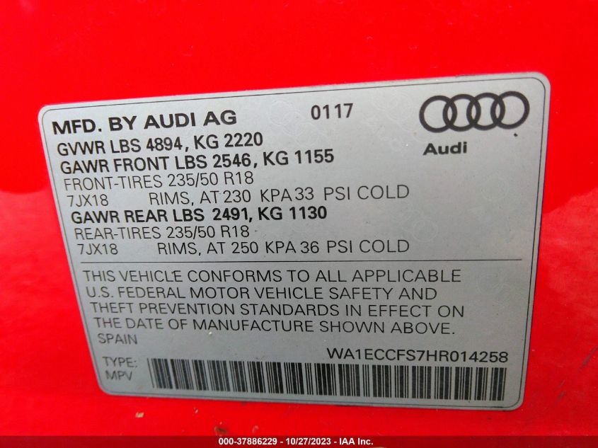 2017 Audi Q3 Premium VIN: WA1ECCFS7HR014258 Lot: 37886229